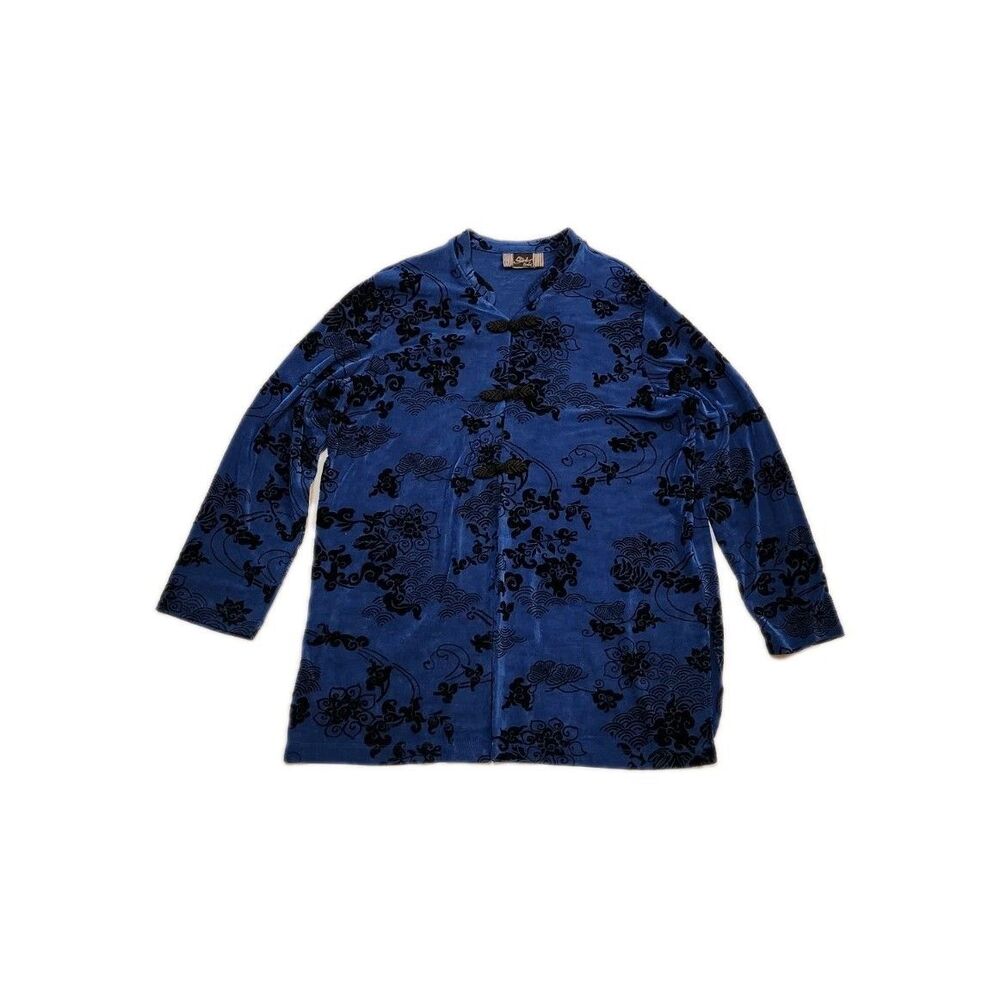 Slinky Brand Asian Inspired Jacket Blue & Black Women Size L Boho Retro